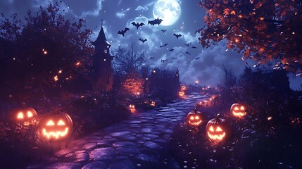 Obraz premium A Cobblestone Path Leading to a Haunted Village on a Halloween Night