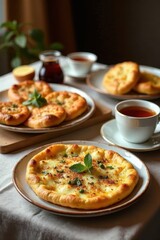 Aromatic Baked Flatbread with Melted Cheese and Fresh Herbs, Served with Tea on a Linen Tablecloth