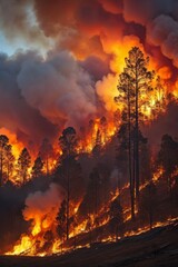 flames and smoke rise from a hillside as a forest fire burns