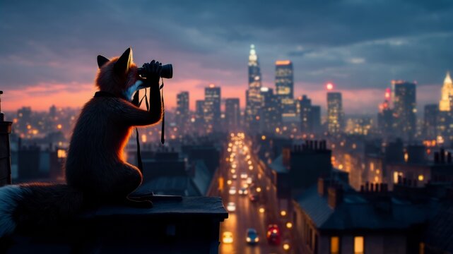 Curious fox observing cityscape at sunset with binoculars