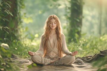 自然光あふれる森林で瞑想する美しい女性のウェルネスセッション