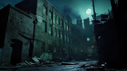 Eerie old factory building illuminated by moonlight, with scattered debris creating haunting atmosphere. scene evokes sense of mystery and abandonment