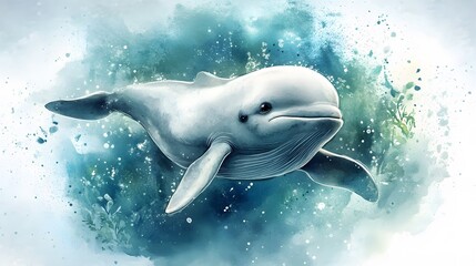 Naklejka premium Watercolor Painting of a Baby Baiji Dolphin Swimming