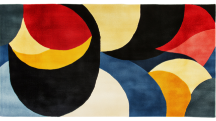 A modern abstract rug features swirling, overlapping circles in vibrant red, yellow, blue, and cream tones.