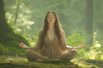 自然光あふれる森林で瞑想する美しい女性のウェルネスセッション