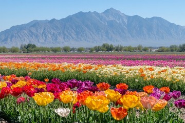 Colorful flower field with mountains in the background under a bright blue sky during daytime