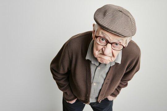 grumpy old gentleman wearing shirt and brown cardigan