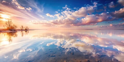 Fototapeta premium Serene Sunset Reflection Tranquil Waters Mirror a Vibrant Sky with Pastel Clouds and Silhouetted Trees