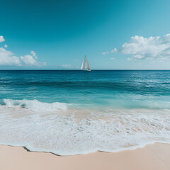 Obraz premium Serene Sailing: A lone sailboat gracefully navigates across the vast ocean, leaving a trail in the pristine waters. capturing the essence of summer serenity.