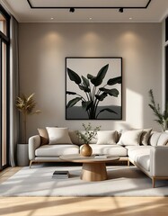 Modern living room interior design with sectional sofa and artwork