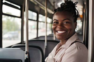 smiling woman ona bus