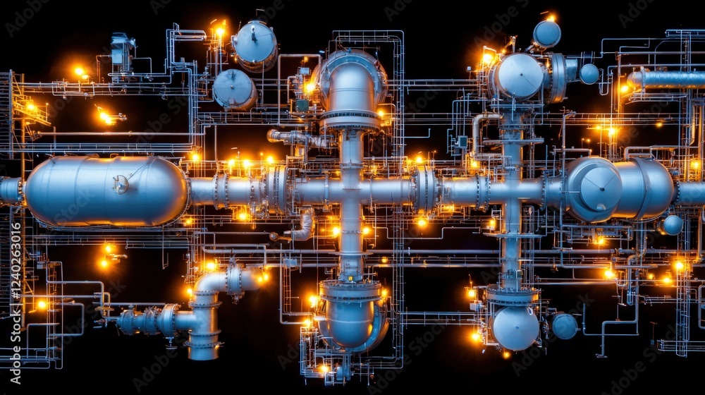Poster industrial machinery operations factory setting high-tech infrastructure nighttime environment aeria