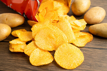 Potato chips , delicious BBQ seasoning spicy for crips, thin slice deep fried snack fast food.