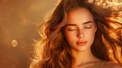 Captivating portrait of a young woman with flowing hair in a warm environment artistic photography intimate viewpoint