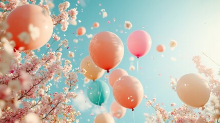 Colorful balloons floating among cherry blossom trees under a bright blue sky
