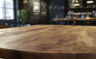 Wooden table, cafe interior, blurred background, product placement
