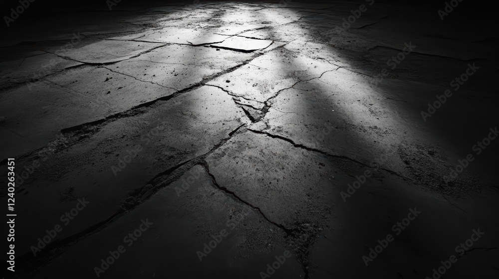 Poster cracked concrete floor with shadows creating dramatic atmosphere. industrial space evokes sense of a