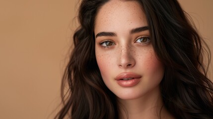 Naklejka premium Captivating portrait of a young woman studio photography neutral background close-up beauty concept
