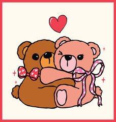 Retro Valentine Hugging teddy bears Nostalgic Illustration Wavy Hand Drawn Vibrant and Bold Style
