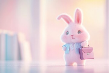 Adorable pink bunny in a suit carries a briefcase, ready for work or adventure.