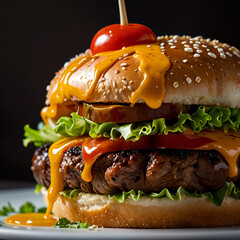 Cheeseburger with dripping melted cheddar, fresh lettuce, and cherry tomatoes on a sesame bun, served on a plate.