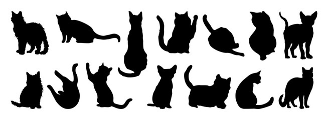 Set of black cat silhouettes in various poses. Scene is playful and whimsical, as the cats appear to be engaged in different activities such as playing, stretching. Flat vector illustration isolated 