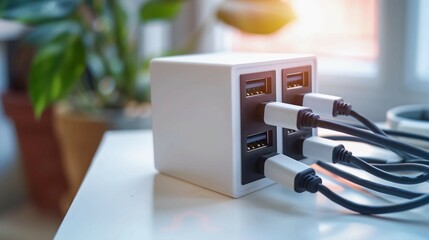 Sleek universal charger with multiple ports on a minimalist white surface, showcasing versatility and modern design for efficient device charging solutions.