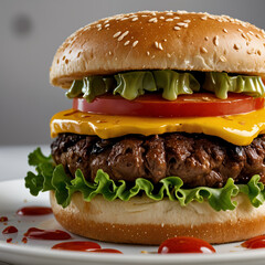 Classic cheeseburger with melted cheese, fresh lettuce, and tomato on a sesame seed bun, drizzled with ketchup on a white plate.