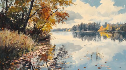 Serene lakeside landscape, peaceful autumn scenery reflecting in calm water, vibrant trees framing tranquil view, perfect for relaxation.