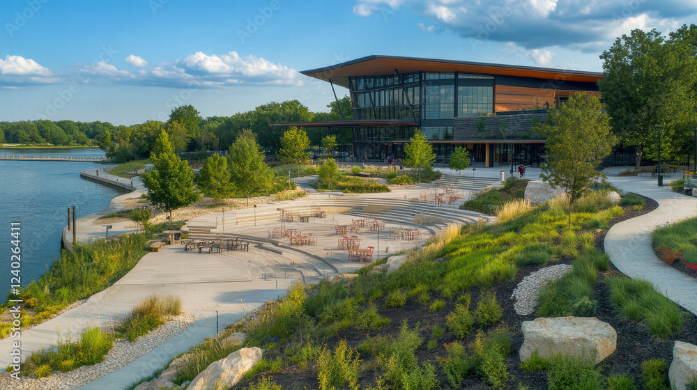 Poster scenic riverfront view featuring modern architecture, lush greenery, and recreational spaces. area i