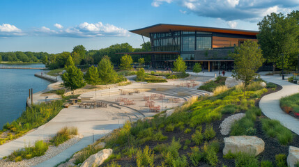 Fototapeta premium scenic riverfront view featuring modern architecture, lush greenery, and recreational spaces. area includes seating arrangements and pathways, creating serene atmosphere