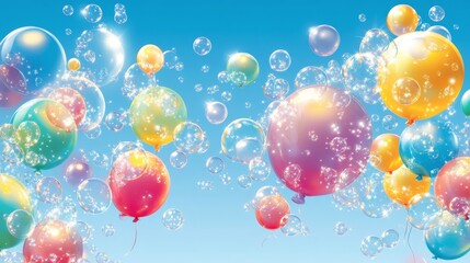 Colorful balloons and bubbles floating against a clear blue sky during a festive outdoor celebration