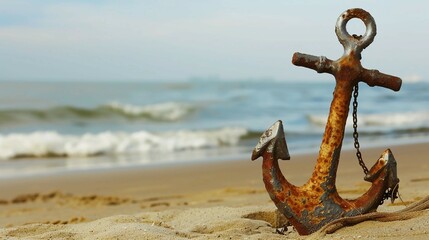 Close-up of a rusted anchor with visible cracks and wear resting on a sandy beach, symbolizing damage and neglect. Maritime and nautical themes, aging and decay concepts.