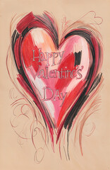 Hand-painted Valentine's Day heart with red, pink, and black brush strokes on a beige textured background featuring romantic typography