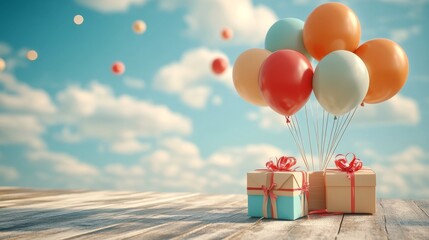 Colorful balloons and beautifully wrapped gifts float in a bright sky celebrating a festive occasion