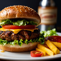 Juicy cheeseburger with lettuce, tomato, and melted cheese served with crispy fries on a white plate.