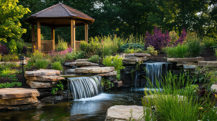 Naklejka premium Serene garden featuring contemporary gazebo and tranquil water features, surrounded by lush greenery and vibrant flowers, creating peaceful outdoor retreat