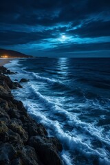 Obraz premium night time view of a beach with waves crashing against the rocks
