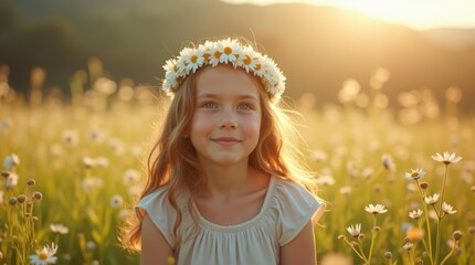 A serene photo of a girl wearing a daisy chain crown