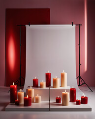 Studio Arrangement of Red and White Candles with Pink Backdrop and Reflector Equipment in View