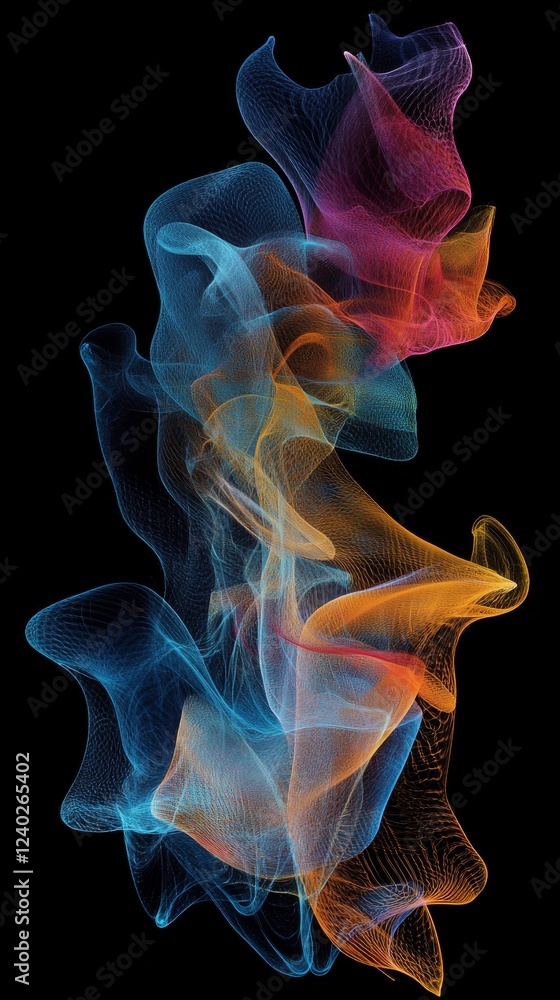 Poster colorful abstract shapes flowing harmoniously in swirling patterns on a black background