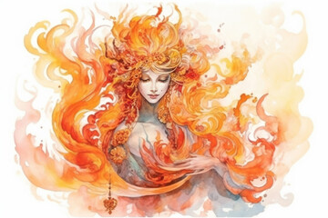 fiery maiden, fire, illustration., watercolor style, Generative AI