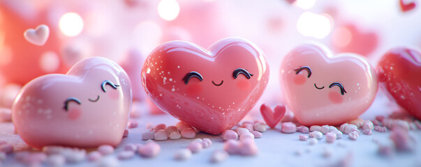 Cute animated hearts with smiles and colorful backdrop for Valentine's Day celebration.