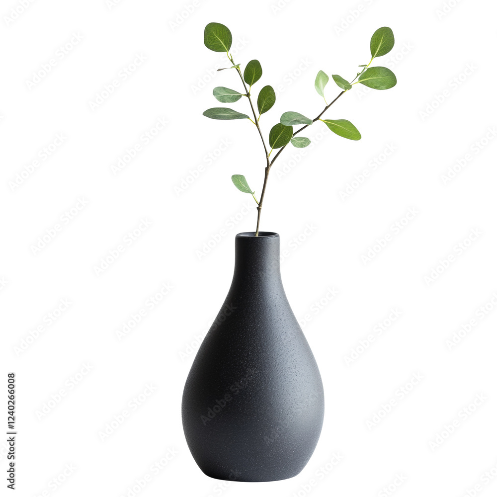 Poster a single sprig of green leaves sits in a dark grey ceramic vase against a black background creating 