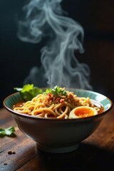 Aromatic Steaming Noodles in Savory Broth with a Soft Boiled Egg and Garnish