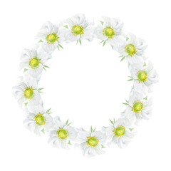 Watercolor frame of white flowers and strawberries. Beautiful frame with strawberry flowers, strawberries, leaves, hand drawn.