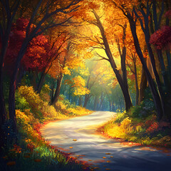 Fototapeta premium Golden Road: A picturesque road winds through an enchanting forest, embraced by vibrant autumn colors. The sun's radiant rays illuminate the scene, painting a breathtaking landscape of natural beauty.