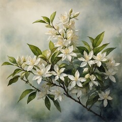 A soft-focus watercolor of a branch of blooming jasmine flowers.
