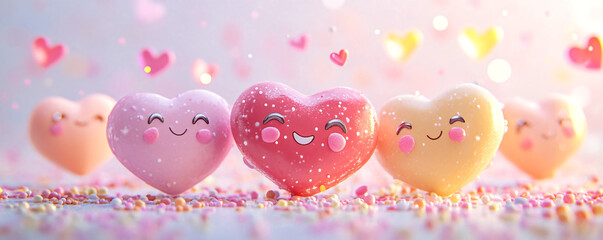 Cute smiling hearts surrounded by sprinkles create a joyful and festive atmosphere.