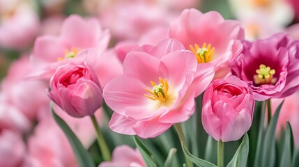 Fototapeta premium Closeup Pink Tulips Blooming Spring Flowers